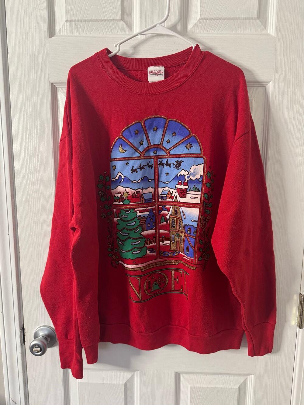 Vintage Holiday Time Noel Christmas Winter Scene Santa Sweatshirt Sz: XL
